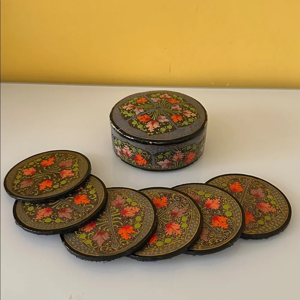Vintage Floral Botanical Hand Painted Papier-Mache Coaster Set In A Matching Box